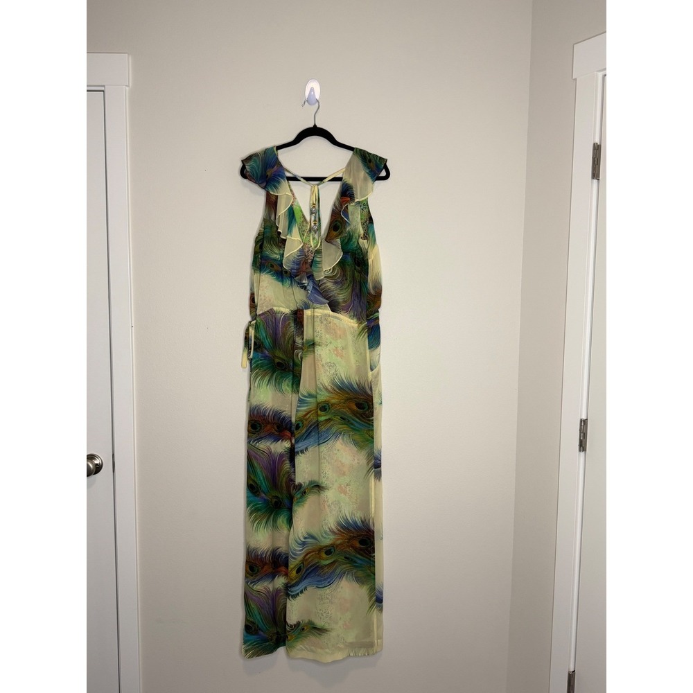 Meghan LA Peacock Feather Print Wide Leg Jumpsuit Green Blue Medium - Picture 3 of 8